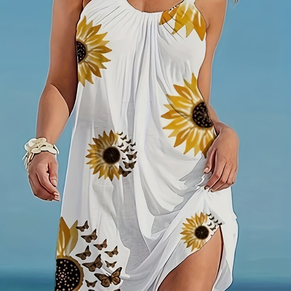 Sunflower Floral Sleeveless Mini Cami Dress Yellow White XL XXL